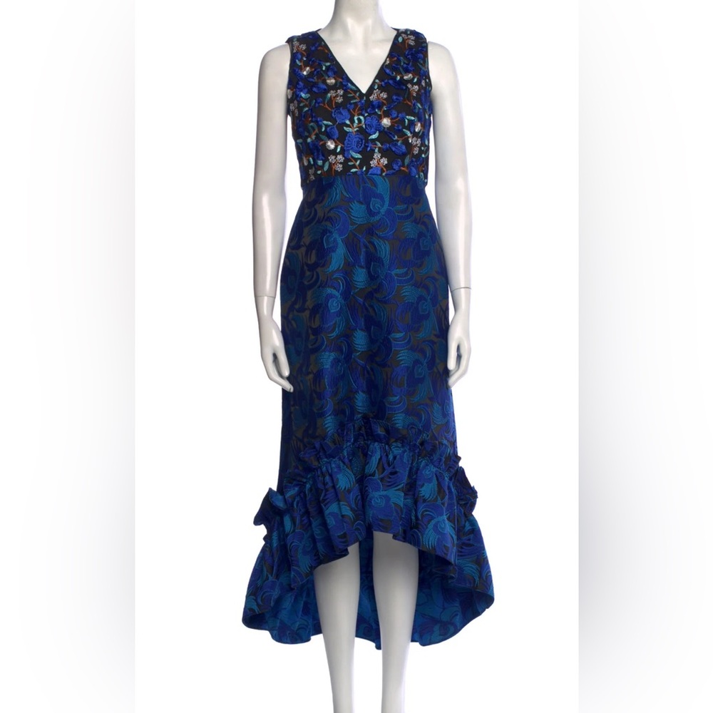 Badgley Mischka Belle‎ Blue Tapestry Jacquard Gown Dress Blue Retro High Low